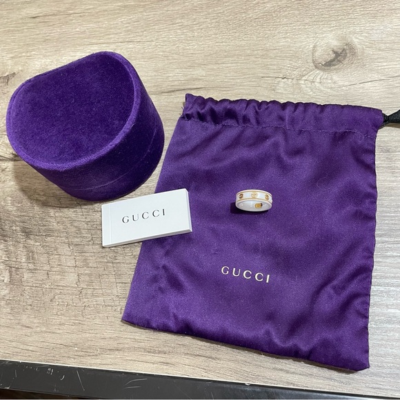 Authentic GUCCI ICON White Ceramic 18K Yellow GOLD GG Logo DESIGNER Band RING 17 - Picture 4 of 4